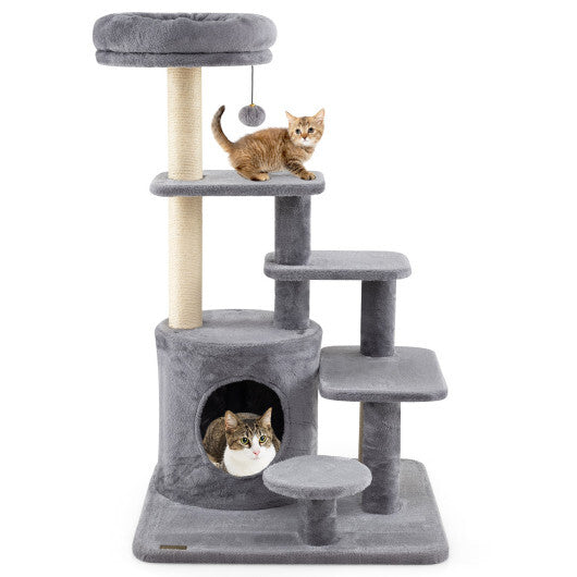 40 Inch Multi-level Cat Tower with Condo and Dangling Jingle Ball-Gray
