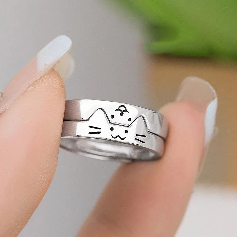 2pcs Simple Design Cute Cat Dog Animal Adjustable Couple Ring for Women Men Cartoon Fashion Couple Friends Rings Jewelry Gifts