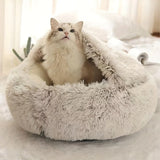 Plush Hooded Cat Cave Bed Round Semi‑Enclosed Shell Pet Nest Washable Anti‑Slip Warm All Season Sleeping Bed For Cats Small Dogs